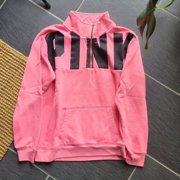 PINK Logo Fleece Lined Boyfriend Pullover Half Zip Sweater Size Small - Picture 5 of 8